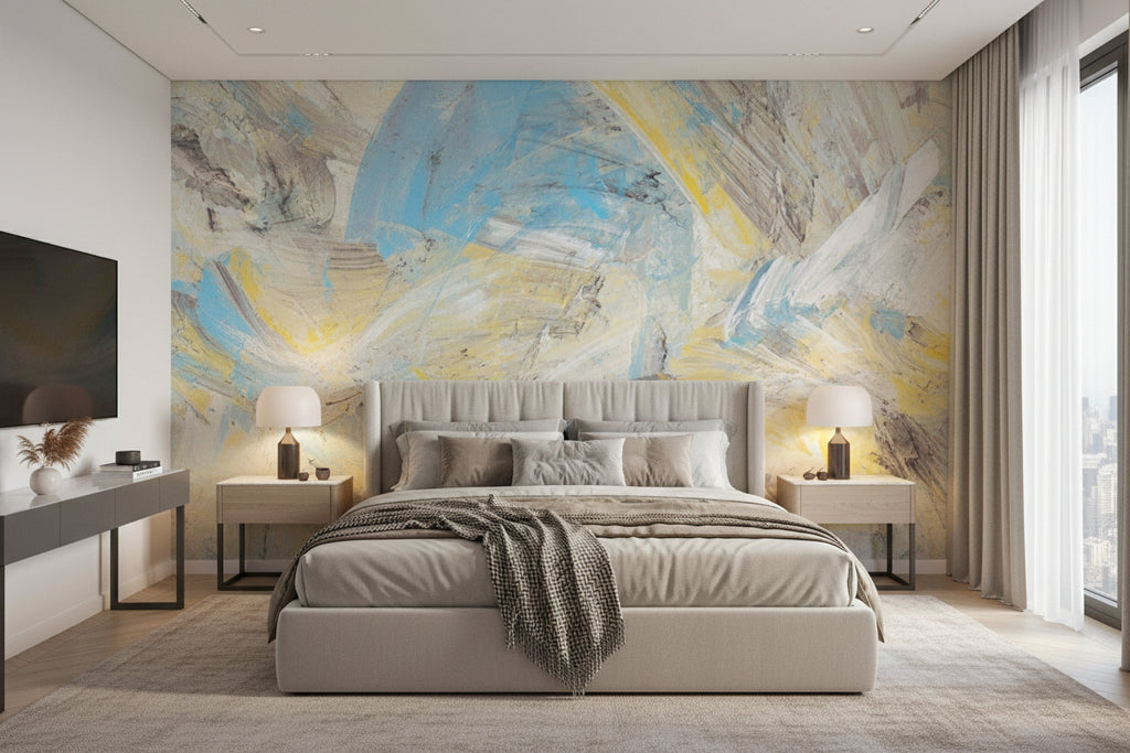 Abstract in Yellow and Blue Wallpaper Mural, Custom Sizes Available