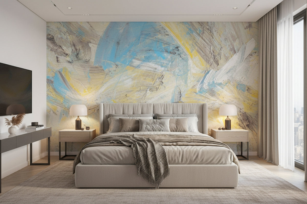 Abstract in Yellow and Blue Wallpaper Mural, Custom Sizes Available