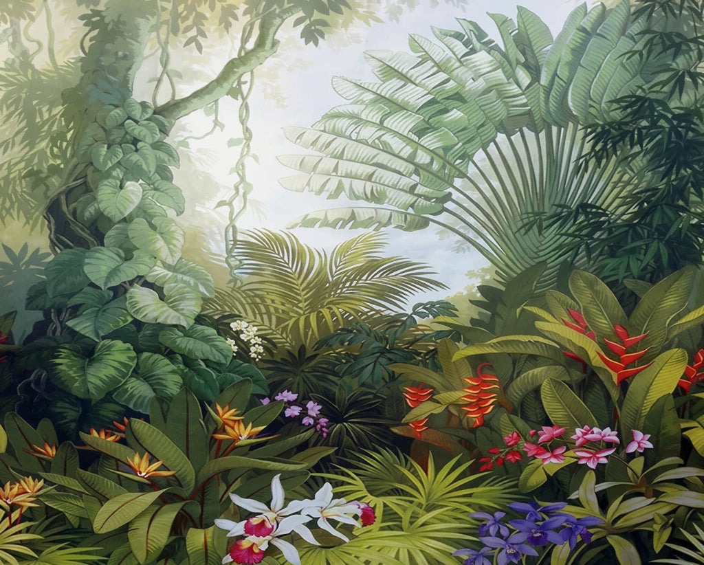 Lush Tropical Landscape Wallpaper Mural, Custom Sizes Available