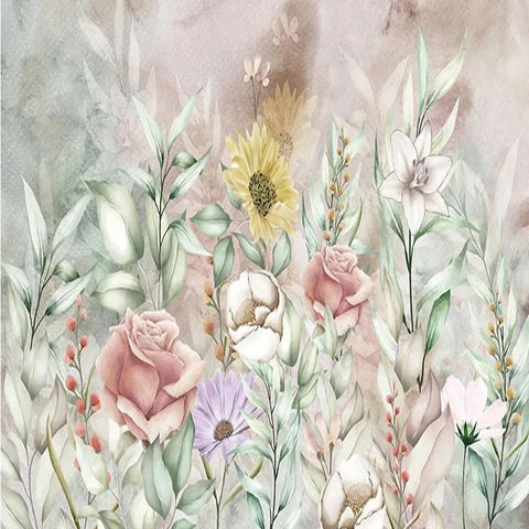 Image of Lovely Hand-Painted Watercolor Wildflowers Wallpaper Mural, Custom Sizes Available