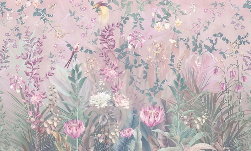 Elegant Flowers and Birds Wallpaper Murals, Custom Sizes Available