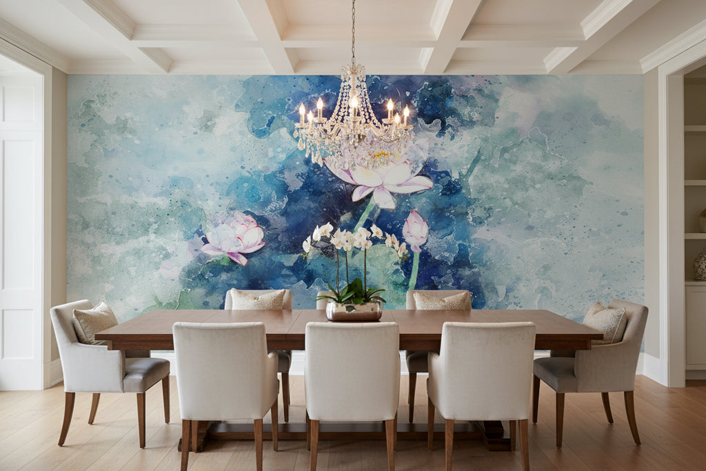 Alluring White Waterlily Painting Wallpaper Mural, Custom Sizes Available
