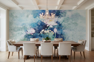 Alluring White Waterlily Painting Wallpaper Mural, Custom Sizes Available
