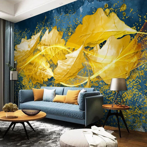 Image of Abstract Golden Falling Oak Leaves Wallpaper Mural, Custom Sizes Available