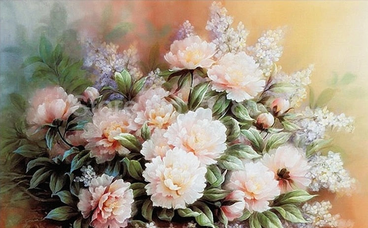 Lovely Watercolor Peach Peonies Bouquet Wallpaper Mural, Custom Sizes Available