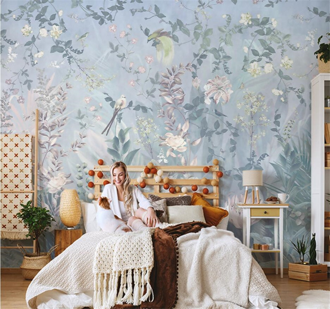 Elegant Flowers and Birds Wallpaper Murals, Custom Sizes Available