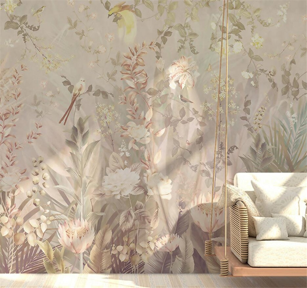 Elegant Flowers and Birds Wallpaper Murals, Custom Sizes Available