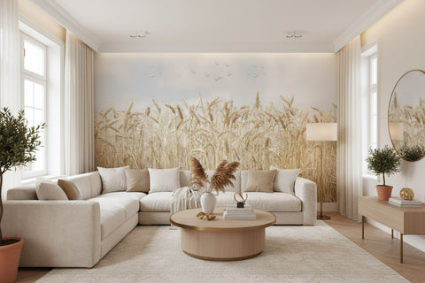 Image of Golden Wheat Fields Wallpaper Mural, Custom Sizes Available