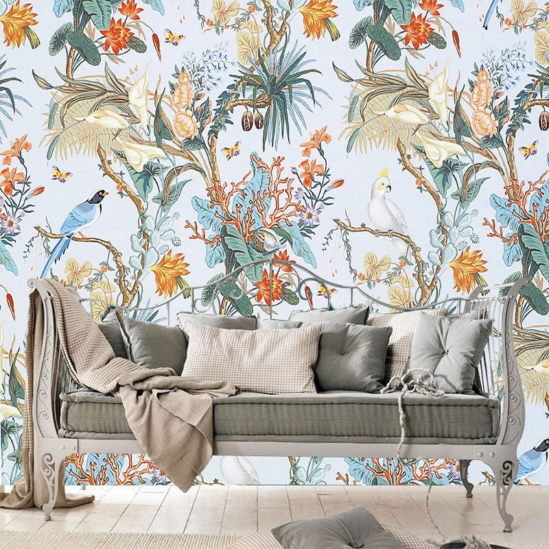 Elegant Tropical Birds and Flora Wallpaper Mural, Custom Sizes Available