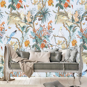 Elegant Tropical Birds and Flora Wallpaper Mural, Custom Sizes Available