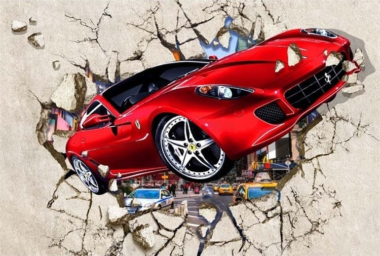 Red Sports Car Breaking Through a Wall Wallpaper Mural, Custom Sizes Available