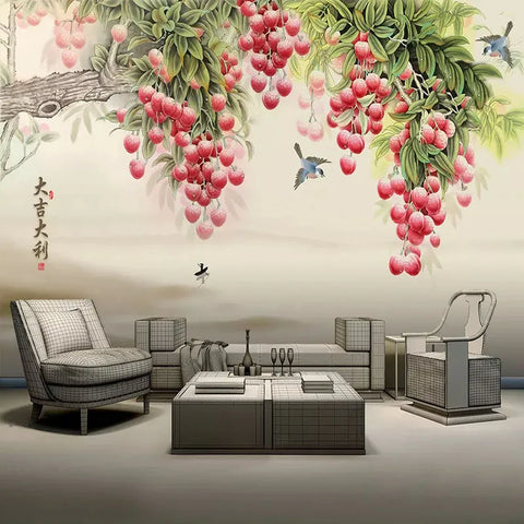 Image of Chinese-Style Painting Red Currants Wallpaper Mural, Custom Sizes Available