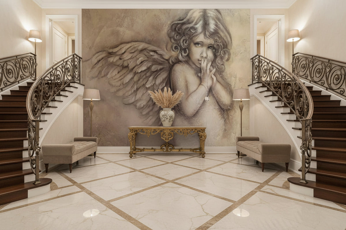 Adorable Angelic Girl With Wings Wallpaper Mural, Custom Sizes Available