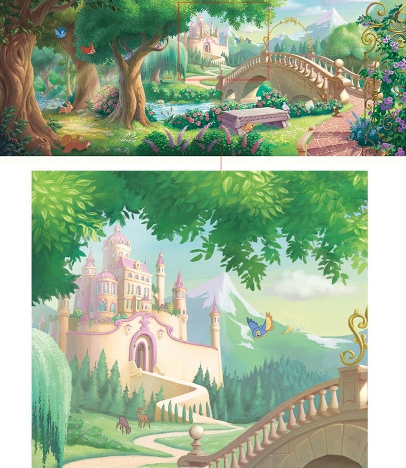 Mural de papel pintado infantil con puente de cuento de hadas y castillo de dibujos animados, tamaños personalizados disponibles