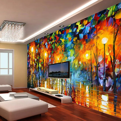 Image of Colorful Afremov-Inspired City Landscape Wallpaper Mural, Custom Sizes Available