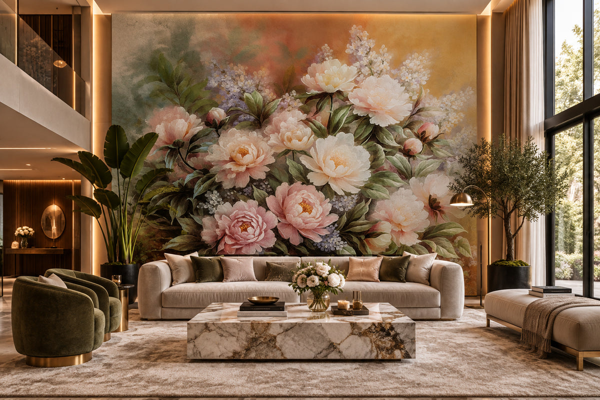 Lovely Watercolor Peach Peonies Bouquet Wallpaper Mural, Custom Sizes Available