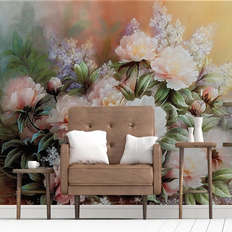 Lovely Watercolor Peach Peonies Bouquet Wallpaper Mural, Custom Sizes Available