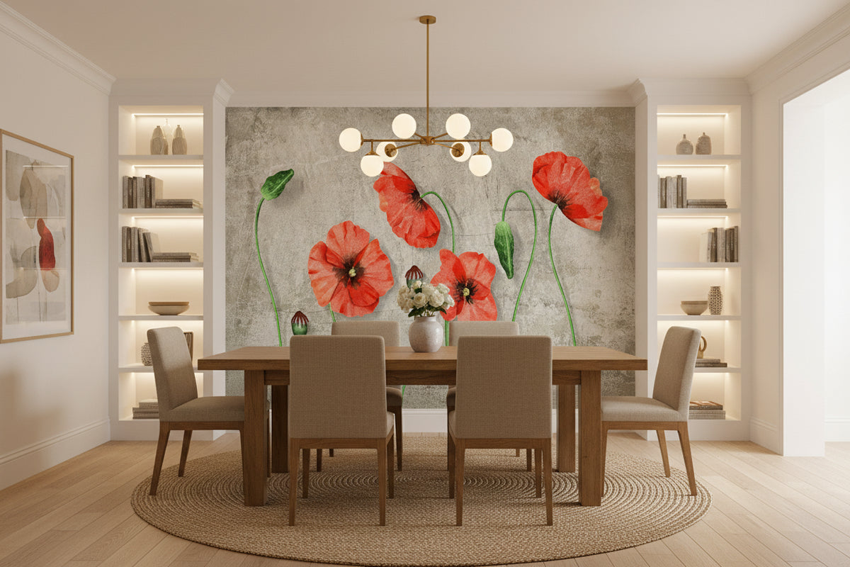 Beautiful Red Poppies With Gray Background Wallpaper Mural, Custom Sizes Available