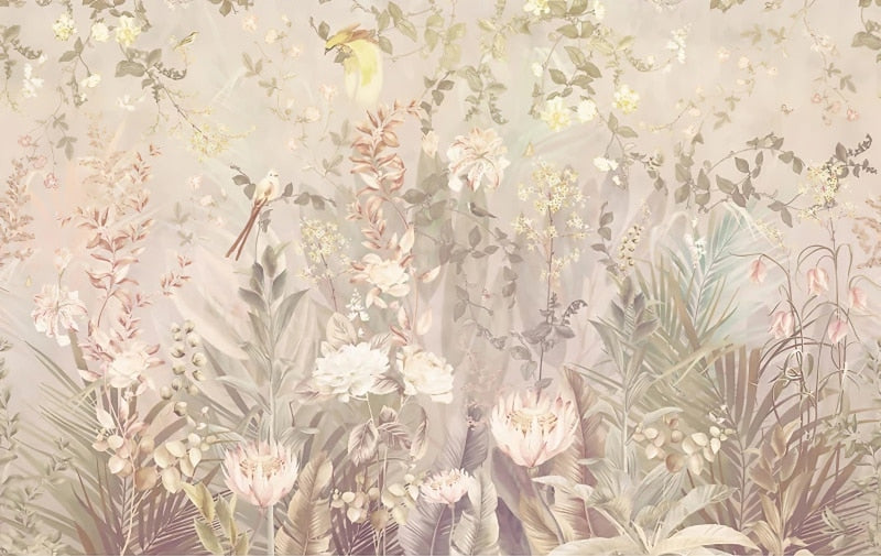Elegant Flowers and Birds Wallpaper Murals, Custom Sizes Available