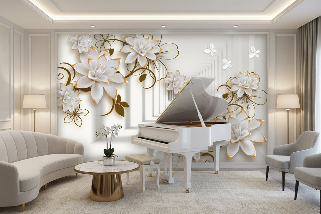 Lovely Gold-Tipped Flowers Wallpaper Mural, Custom Sizes Available