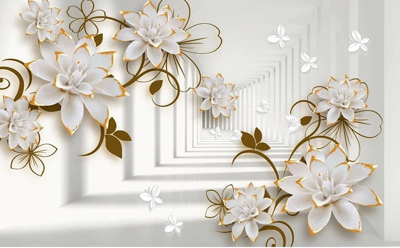 Lovely Gold-Tipped Flowers Wallpaper Mural, Custom Sizes Available