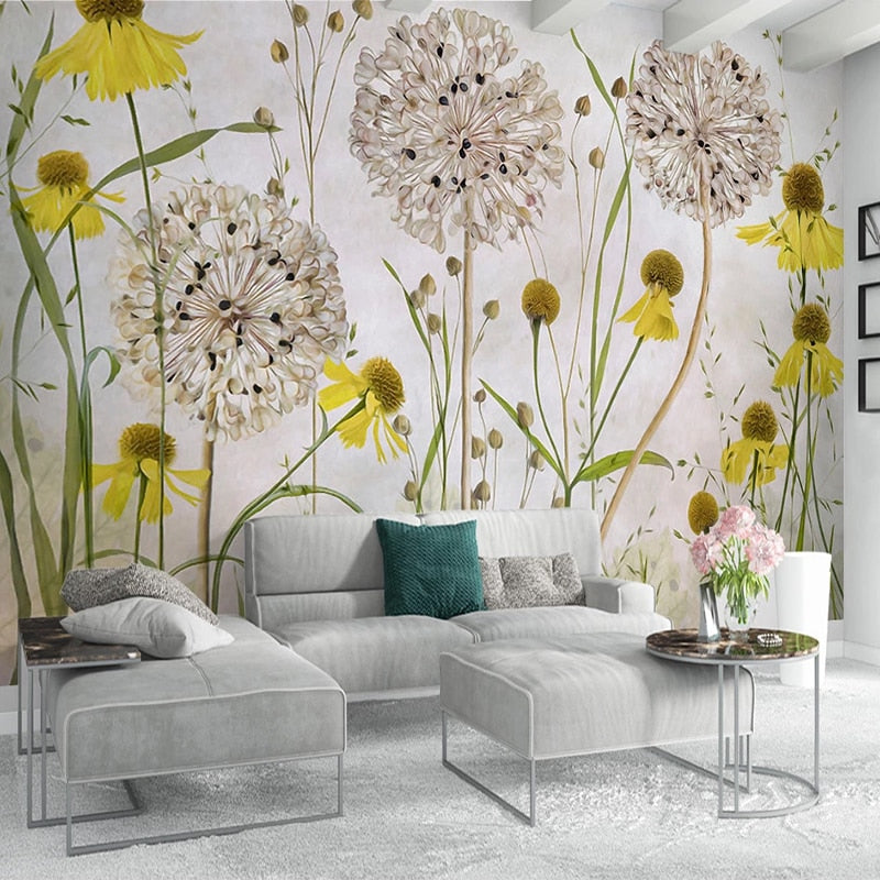 Pastoral Hand-Painted Dandelions Wallpaper Mural, Custom Sizes Available