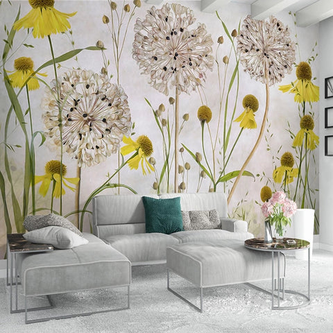 Image of Pastoral Hand-Painted Dandelions Wallpaper Mural, Custom Sizes Available