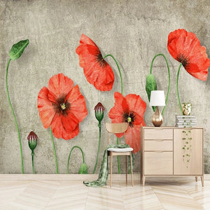 Beautiful Red Poppies With Gray Background Wallpaper Mural, Custom Sizes Available