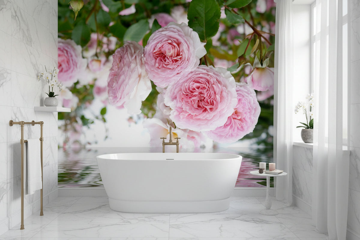 Beautiful Pink Roses Reflection Wallpaper Mural, Custom Sizes Available