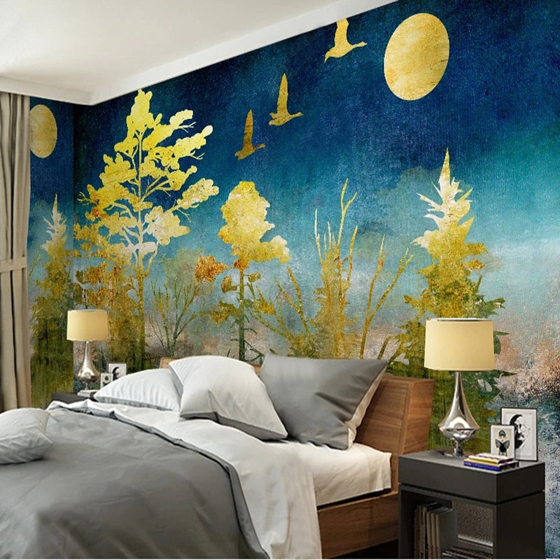 Enchanting Moonlit Golden Forest Wallpaper Mural, Custom Sizes Available