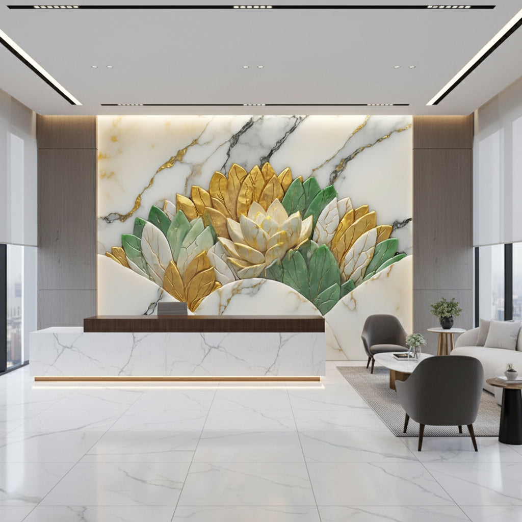 Exquisite Marble Flowers In Gold, Teal and Tan Wallpaper Mural, Custom Sizes Available