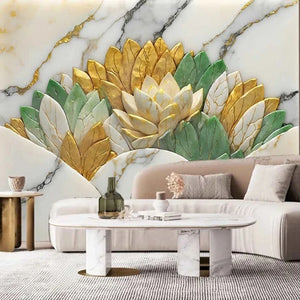 Exquisite Marble Flowers In Gold, Teal and Tan Wallpaper Mural, Custom Sizes Available