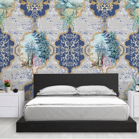 Image of Oversized Blue Wallpaper Motif Background Wallpaper Mural, Custom Sizes Available