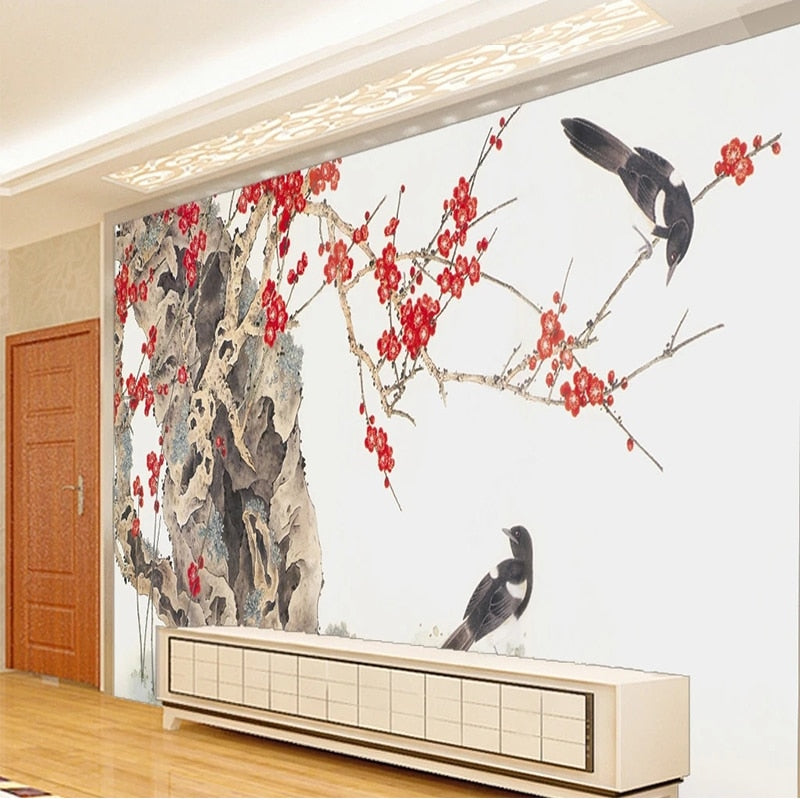 Chinese Painting of Birds and Berries on Old Tree Wallpaper Mural, Custom Sizes Available