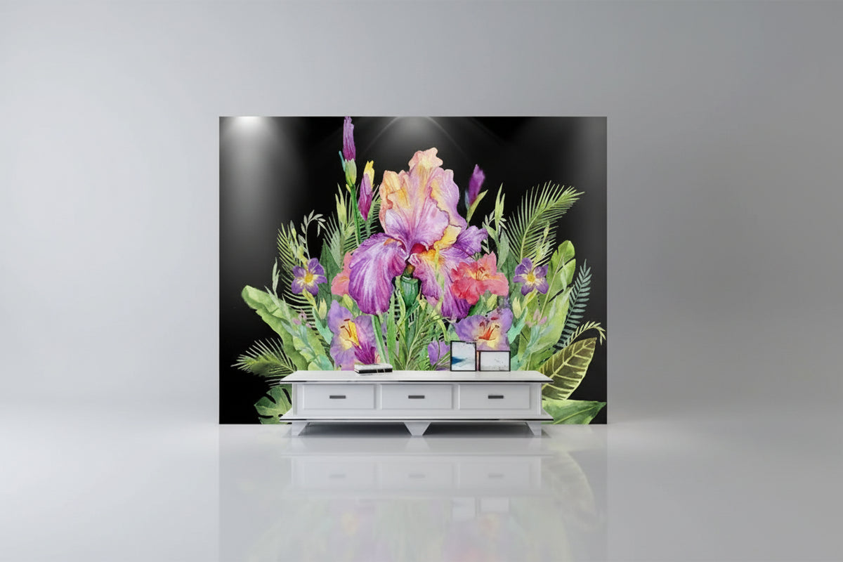 Bearded Iris Arrangement Watercolor Wallpaper Mural, Custom Sizes Available