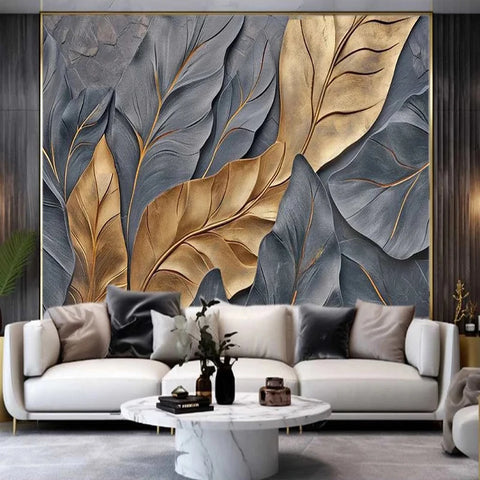 Image of Bold Black and White Overlapping Leaves Mural Wallpaper. Custom Sizes Available