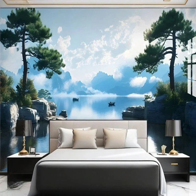 Serene Lake and Pine Trees Wallpaper Mural, Custom Sizes Available