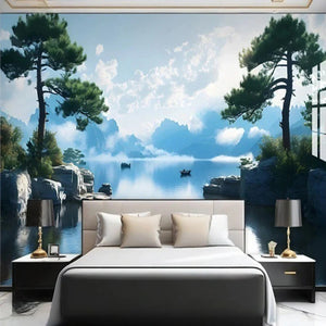 Serene Lake and Pine Trees Wallpaper Mural, Custom Sizes Available