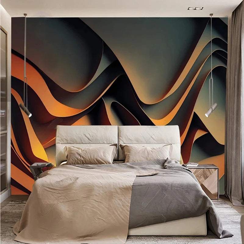 3D Modern Abstract Burnt Orange Wave Wallpaper Mural, Custom Sizes Available