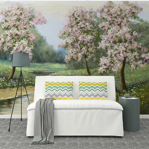 Idyllic Blooming Peach Tree and Stream Landscape Wallpaper Mural, Custom Sizes Available