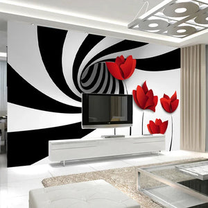 Abstract Spiral Black and White Vortex With Red Flowers Wallpaper Mural, Custom Sizes Available