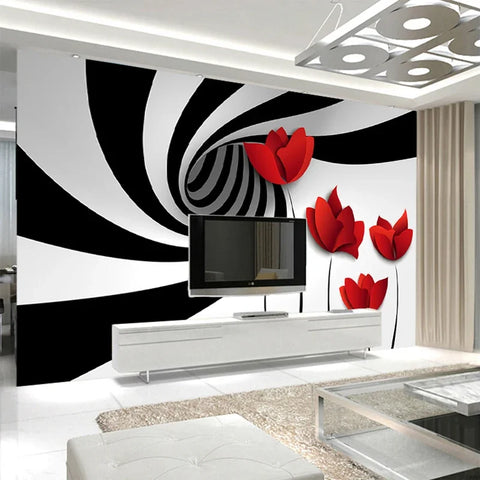 Image of Abstract Spiral Black and White Vortex With Red Flowers Wallpaper Mural, Custom Sizes Available