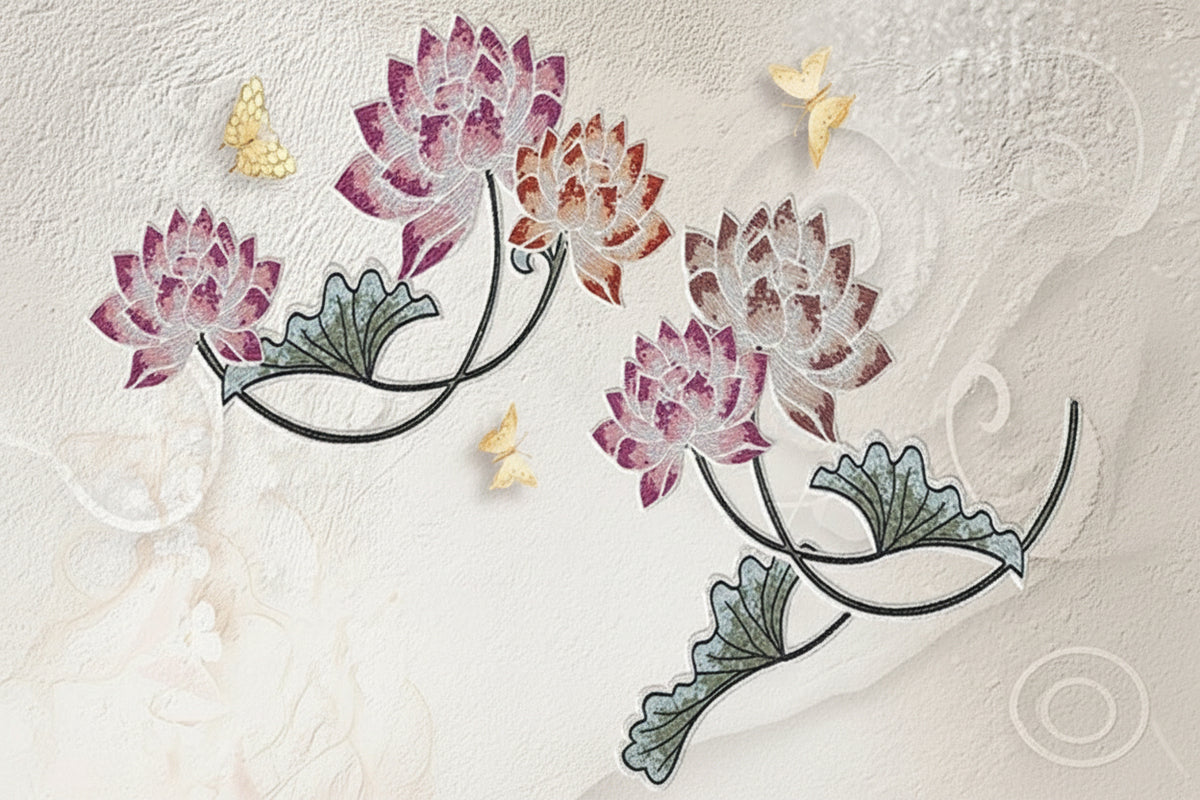 Awesome Mosaic Lotus Flowers and Golden Butterflies Wallpaper Mural, Custom Sizes Available