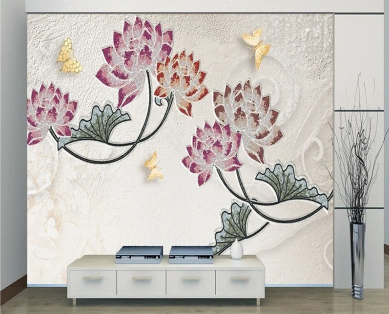 Awesome Mosaic Lotus Flowers and Golden Butterflies Wallpaper Mural, Custom Sizes Available