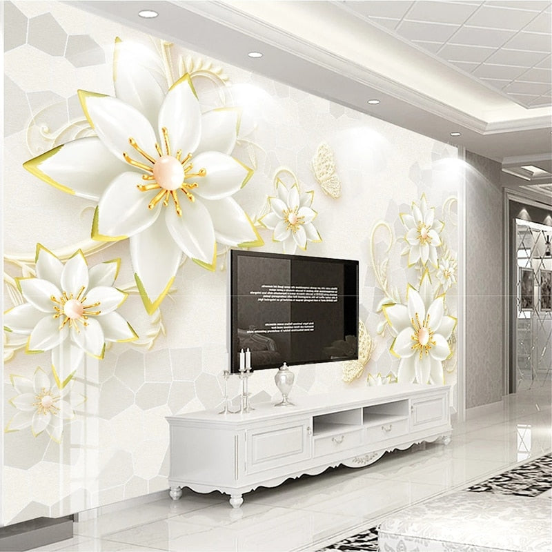 Elegant Gold Fringed Flowers Wallpaper Mural, Custom Sizes Available
