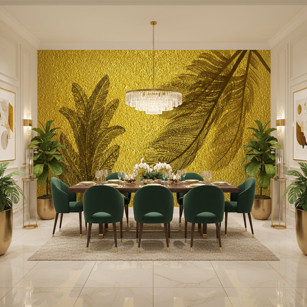 Abstract Feather Silhouettes On Golden Background Wallpaper Mural, Custom Sizes Available