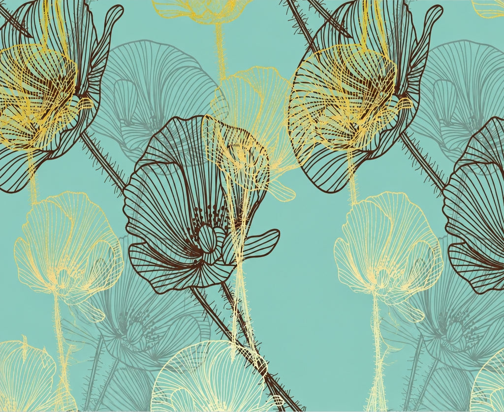 Abstract Yellow and Black Bloom Outlines  On Cyan Wallpaper Mural, Custom Sizes Available