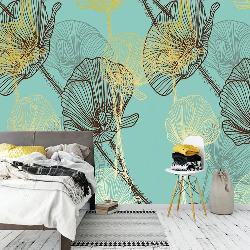 Abstract Yellow and Black Bloom Outlines  On Cyan Wallpaper Mural, Custom Sizes Available