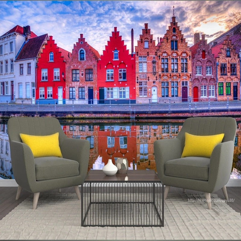 Quaint Reflection of Belgian Waterfront Row Houses Wallpaper Mural, Custom Sizes Available