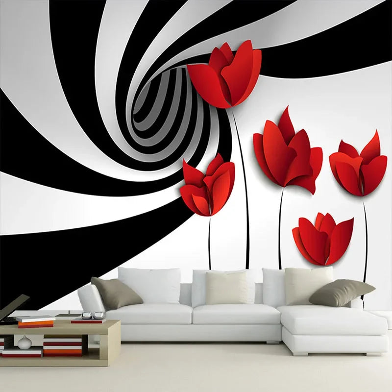 Abstract Spiral Black and White Vortex With Red Flowers Wallpaper Mural, Custom Sizes Available